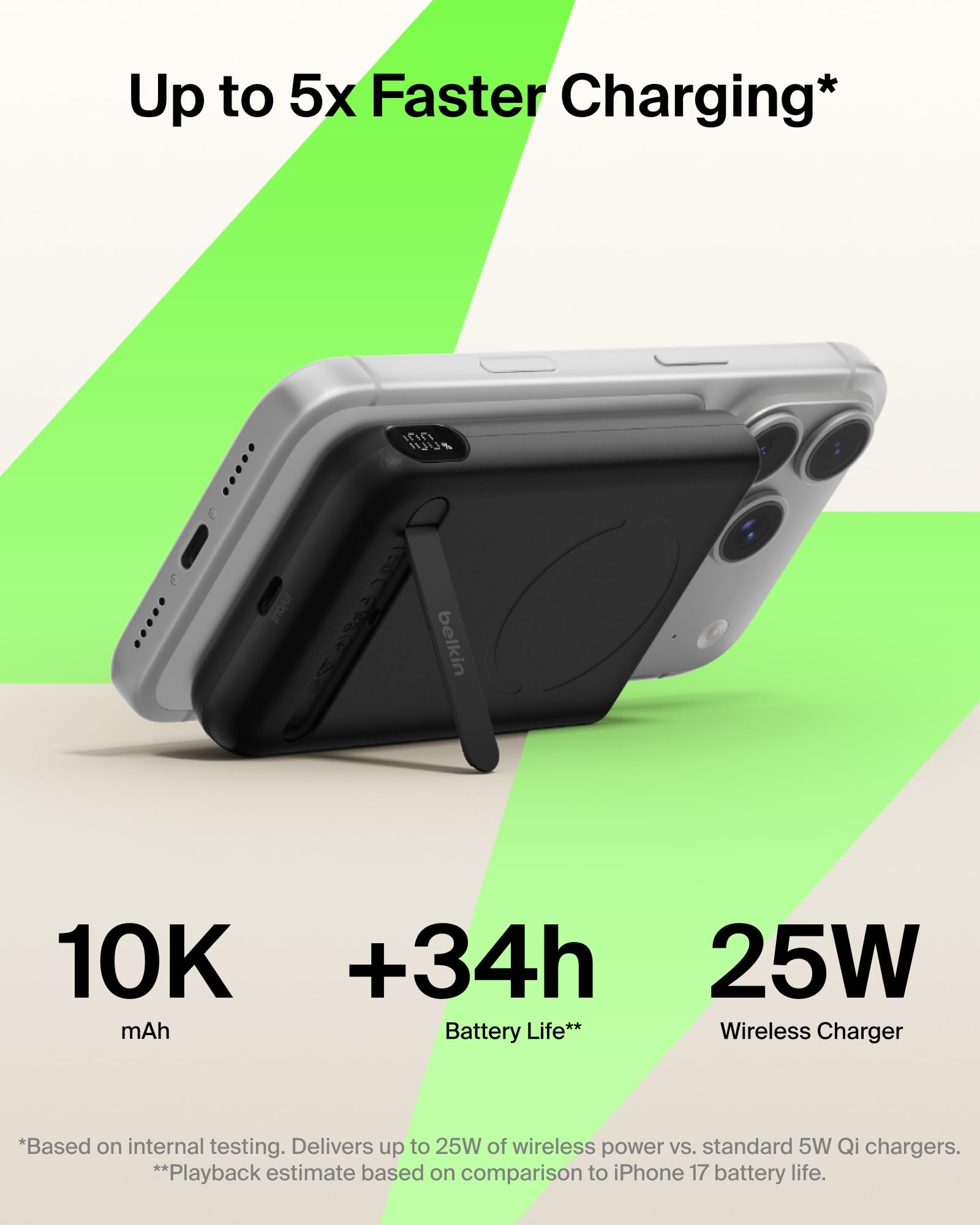 Belkin MagSafe Power Bank 10,000mAh, Qi2.2 25W Portable Charger w/Kickstand, Magnetic Back Supports MagSafe Accessories, Digital Display, Wireless Charging Battery Pack for iPhone 17, Pixel - Sand