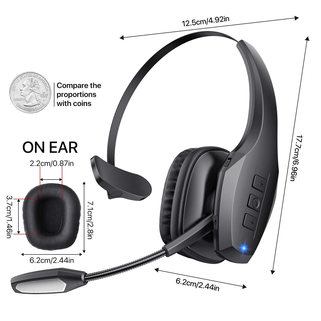 Trucker Bluetooth Headset, Wireless Headset with Mic, Bluetooth Headsets with Dual Noise Cancelling Microphone & Mute Button, 55Hrs Working Time PC Headsets for Cell Phones, Computer, Truck Driver