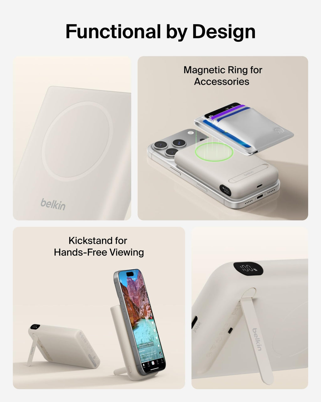 Belkin MagSafe Power Bank 10,000mAh, Qi2.2 25W Portable Charger w/Kickstand, Magnetic Back Supports MagSafe Accessories, Digital Display, Wireless Charging Battery Pack for iPhone 17, Pixel - Sand