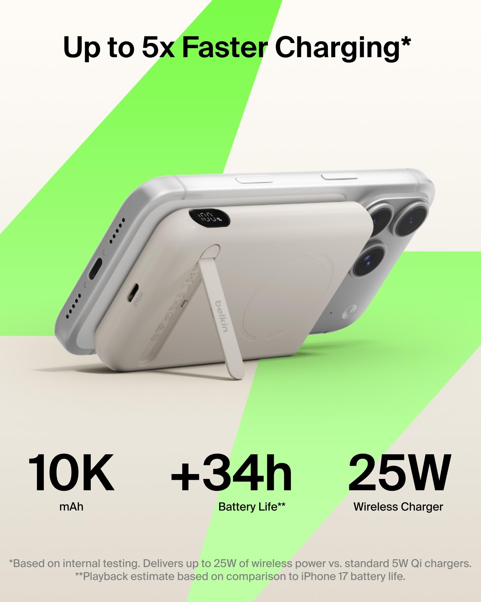 Belkin MagSafe Power Bank 10,000mAh, Qi2.2 25W Portable Charger w/Kickstand, Magnetic Back Supports MagSafe Accessories, Digital Display, Wireless Charging Battery Pack for iPhone 17, Pixel - Sand