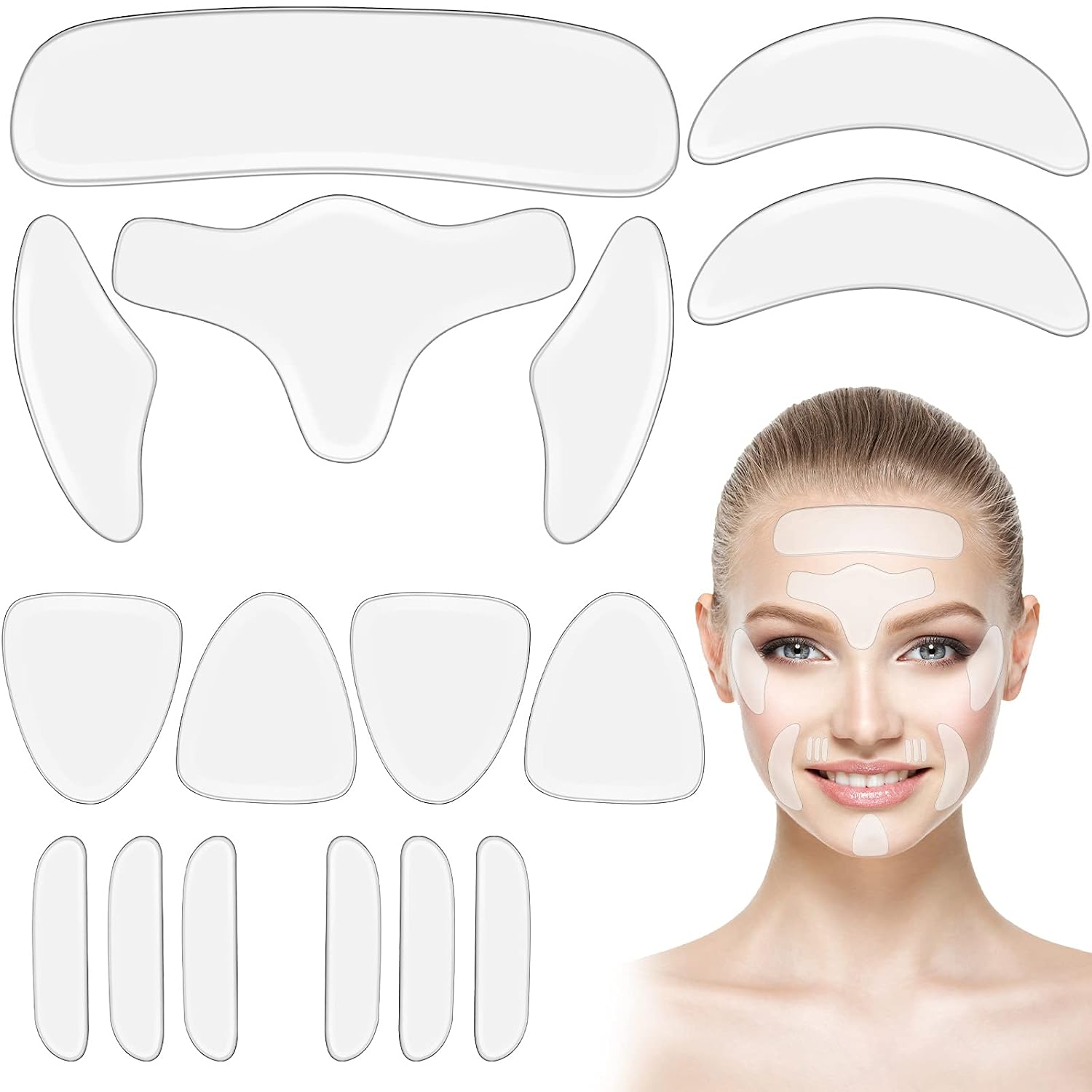 Maitys 16 Pcs Silicone Face Patches, Reusable Soft and Comfortable, Anti Wrinkle Patches Gel Pads Reduce Frown & Smile Lines Forehead Cheek, Lip, Eye, Neck, Chin, Chest Wrinkles Treatment