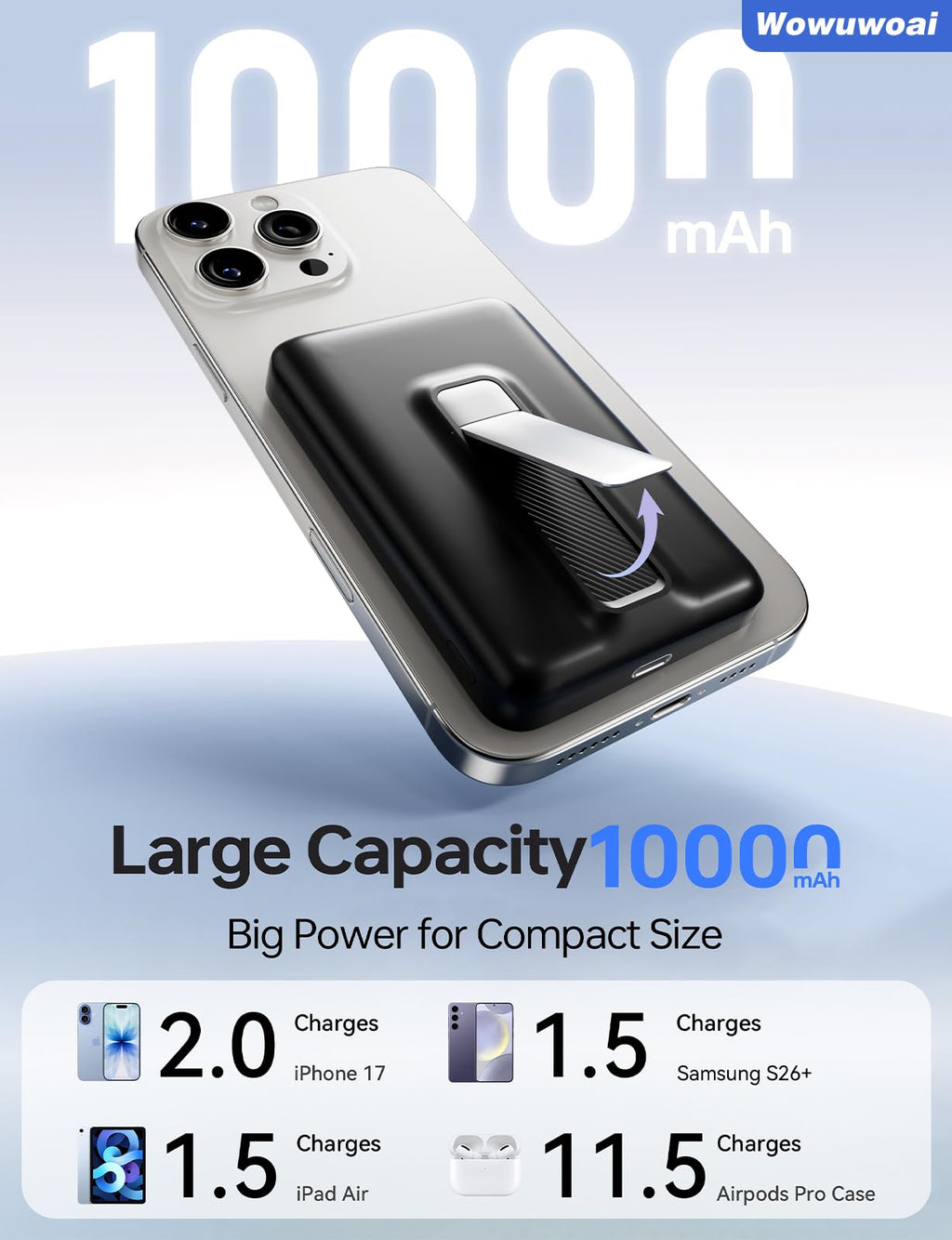 for Magsafe Portable Charger,10000mAh Wireless Magnetic Power Bank with USB C Charging and stand, Travel Essential for Magsafe Battery Pack Compatible with iPhone 17/air/16/15/14/13/12 Series