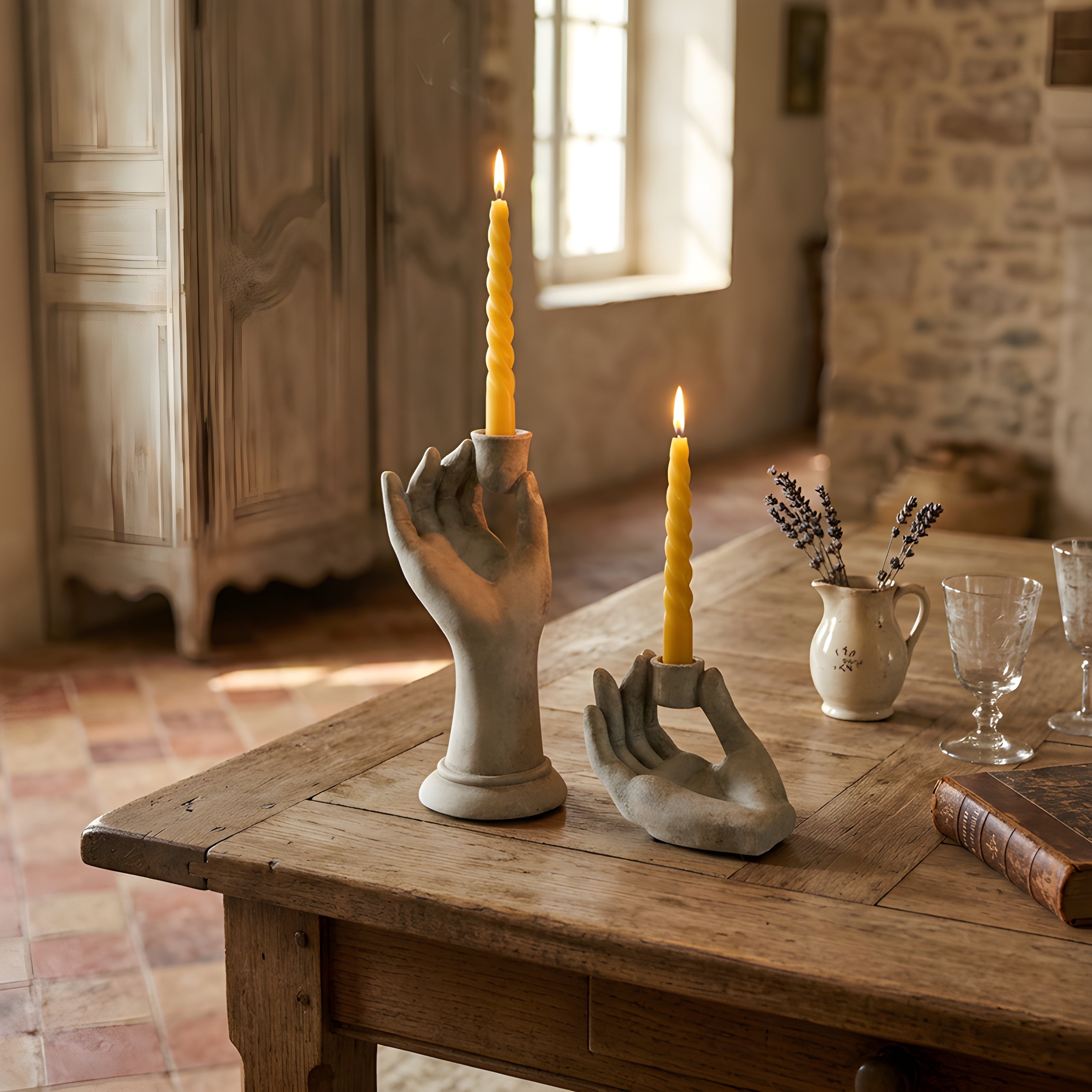 Romanesque Cement Hand Taper Candle Holder Tall or Small Sculptural Statue