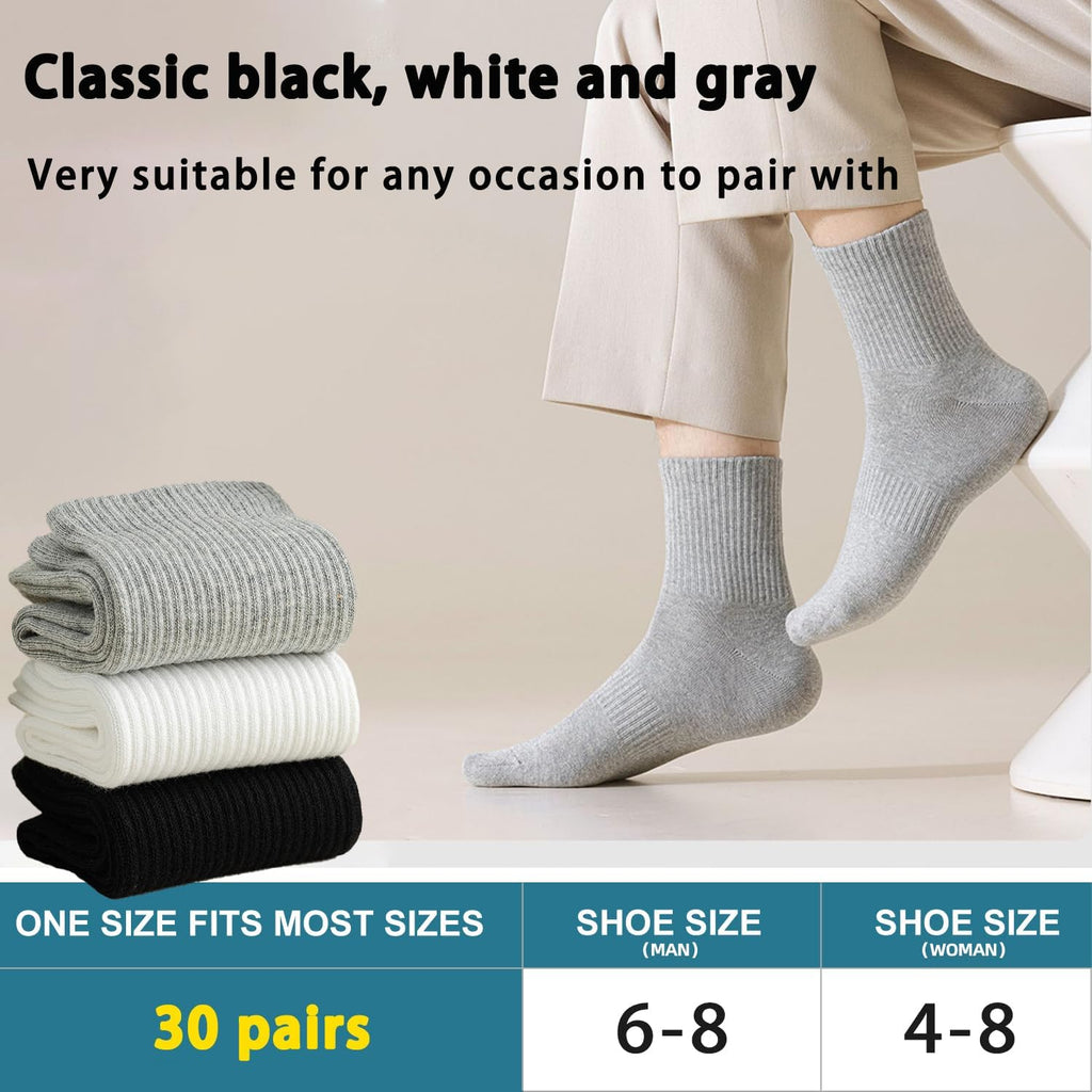 30 Pairs Long Socks Unisex, 6.7" Crew Height Cotton Socks, Sweat Absorbing Breathable Casual Athletic Socks for Women and Men