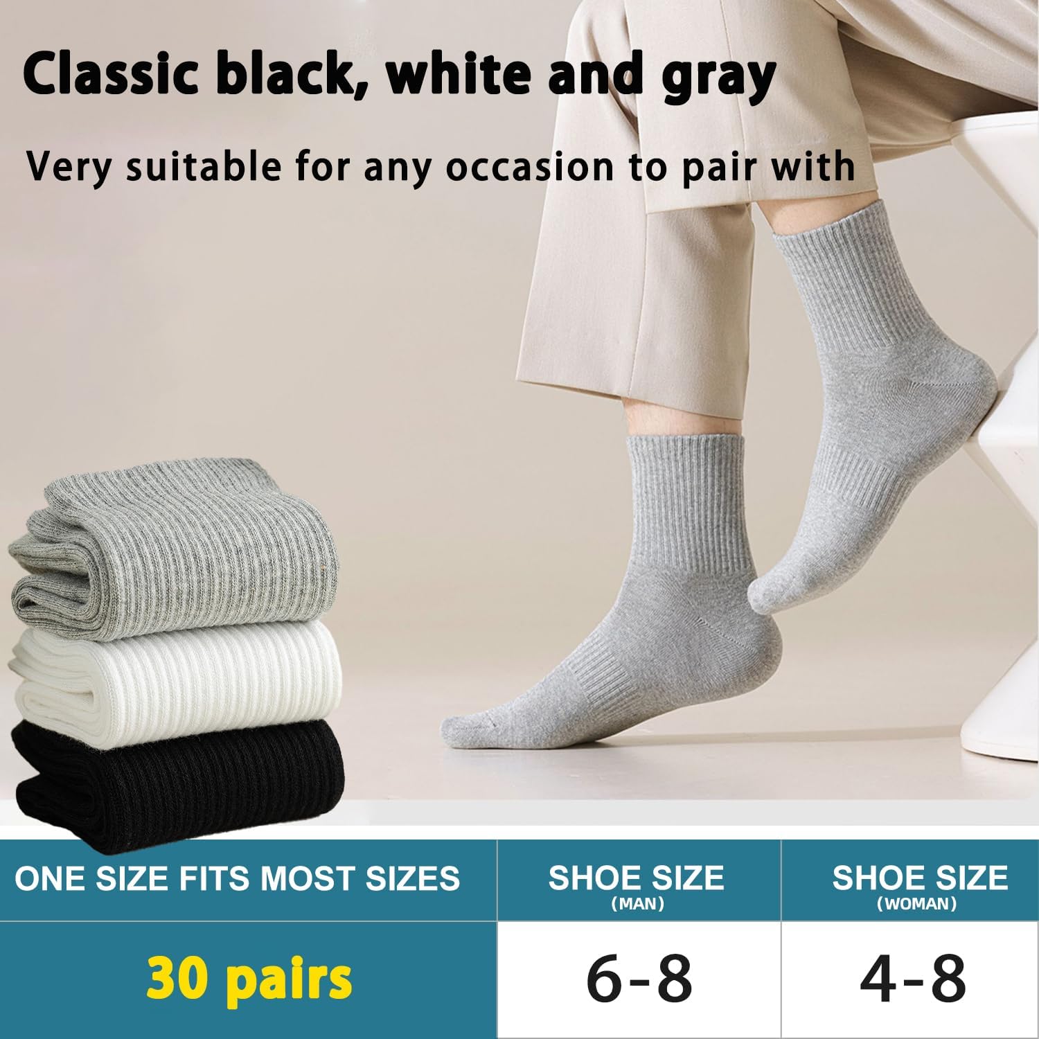 30 Pairs Long Socks Unisex, 6.7" Crew Height Cotton Socks, Sweat Absorbing Breathable Casual Athletic Socks for Women and Men