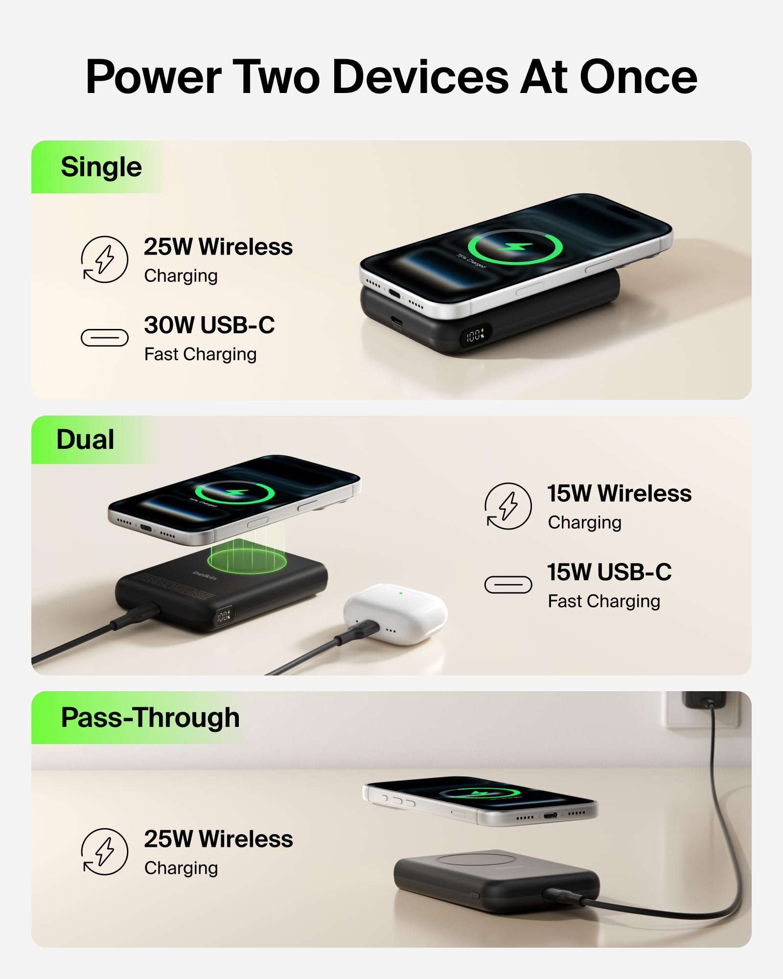 Belkin MagSafe Power Bank 10,000mAh, Qi2.2 25W Portable Charger w/Kickstand, Magnetic Back Supports MagSafe Accessories, Digital Display, Wireless Charging Battery Pack for iPhone 17, Pixel - Sand