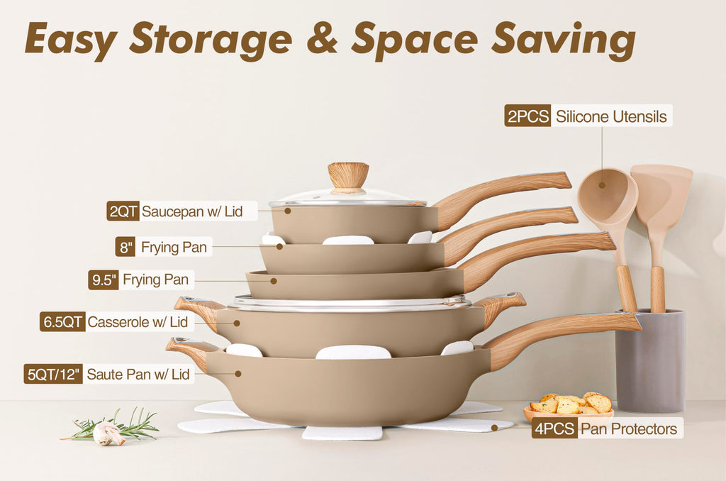 SENSARTE Pots and Pans Set Non stick, Non toxic Healthy Induction Cookware Sets, 14 Pcs Non Stick Kitchen Cooking Set with Frying Pans Set & Saucepan, PFOA PFOS APEO Free, Black