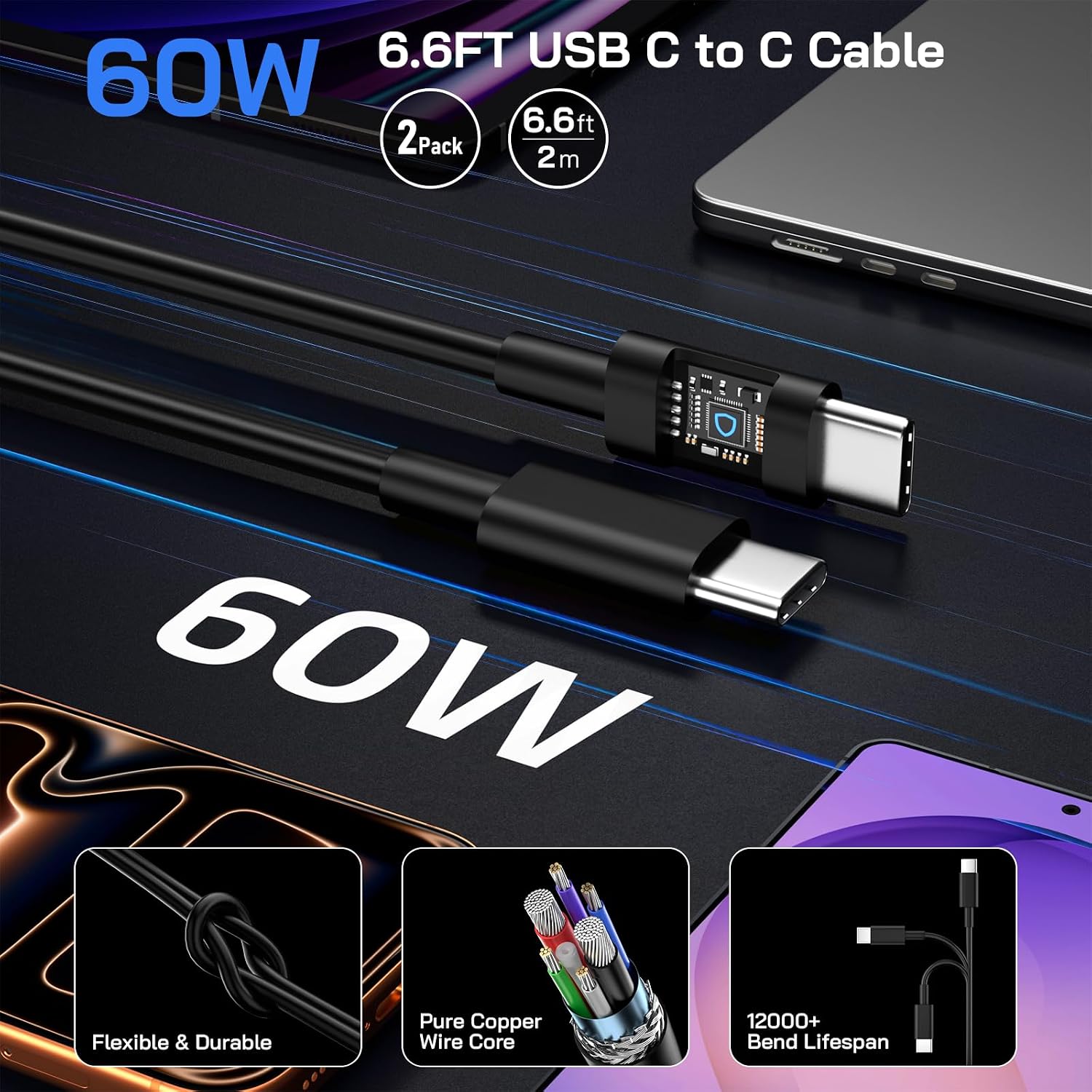 60W USB C Charger, 2Pack 60 Watt Super Fast Charger USB C Android Phone Charger Type C Fast Charging Block with 6.6FT Cable for Samsung Galaxy S26 Ultra/S26+/S25 Ultra/S24,Tab S9+/i Phone 17,Mac Book