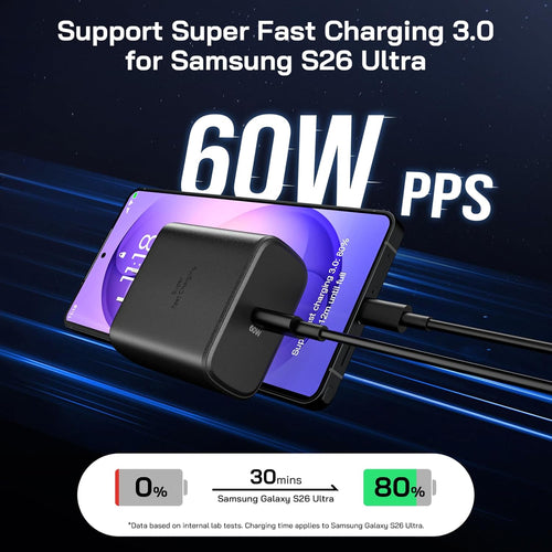 60W USB C Charger, 2Pack 60 Watt Super Fast Charger USB C Android Phone Charger Type C Fast Charging Block with 6.6FT Cable for Samsung Galaxy S26 Ultra/S26+/S25 Ultra/S24,Tab S9+/i Phone 17,Mac Book
