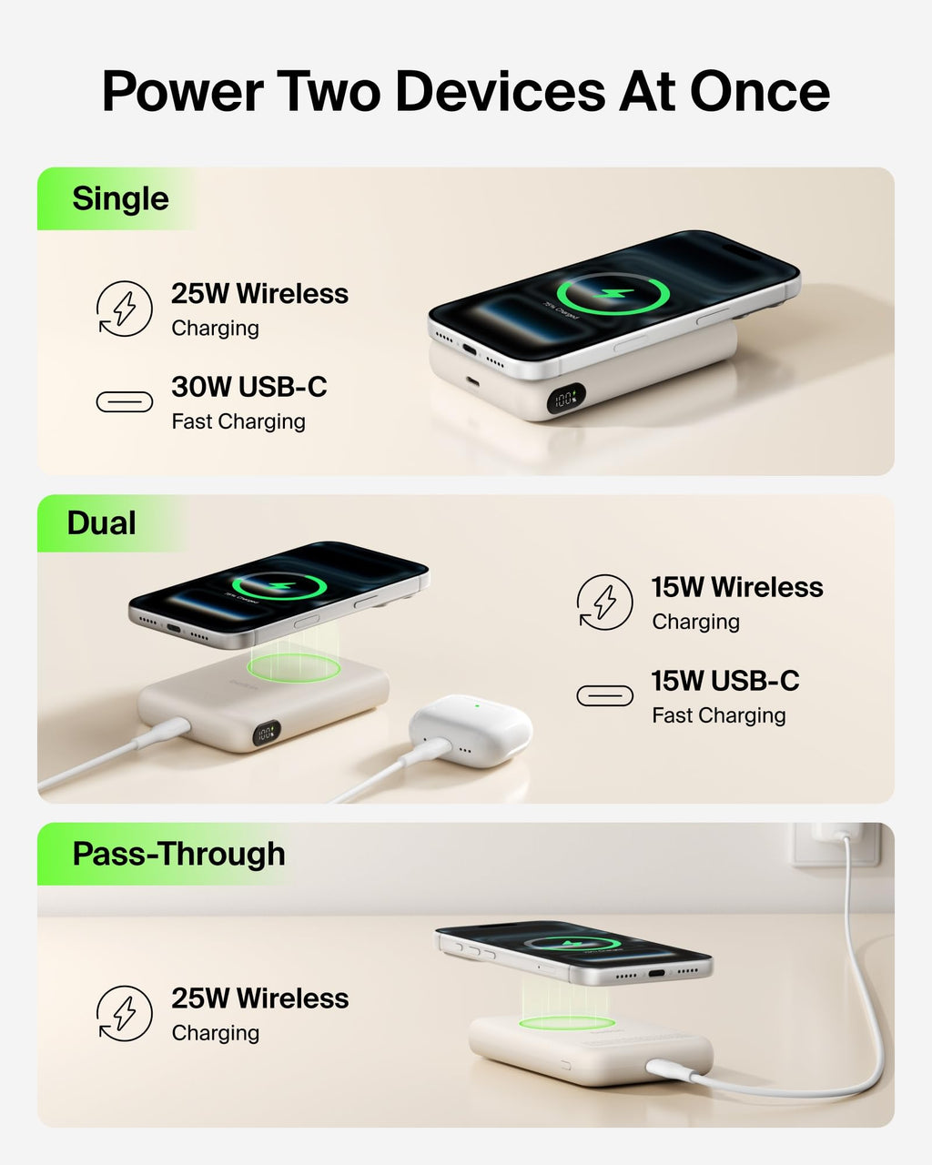 Belkin MagSafe Power Bank 10,000mAh, Qi2.2 25W Portable Charger w/Kickstand, Magnetic Back Supports MagSafe Accessories, Digital Display, Wireless Charging Battery Pack for iPhone 17, Pixel - Sand