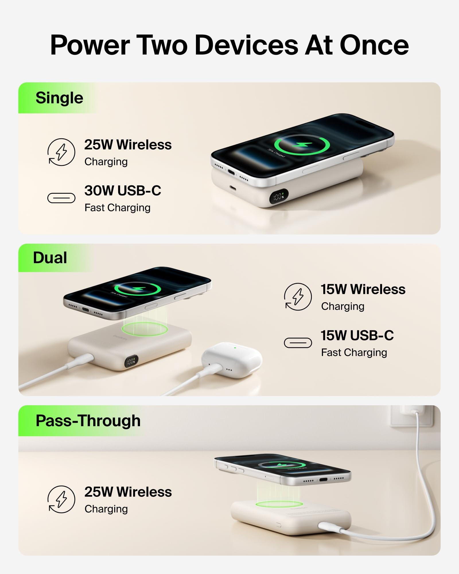 Belkin MagSafe Power Bank 10,000mAh, Qi2.2 25W Portable Charger w/Kickstand, Magnetic Back Supports MagSafe Accessories, Digital Display, Wireless Charging Battery Pack for iPhone 17, Pixel - Sand