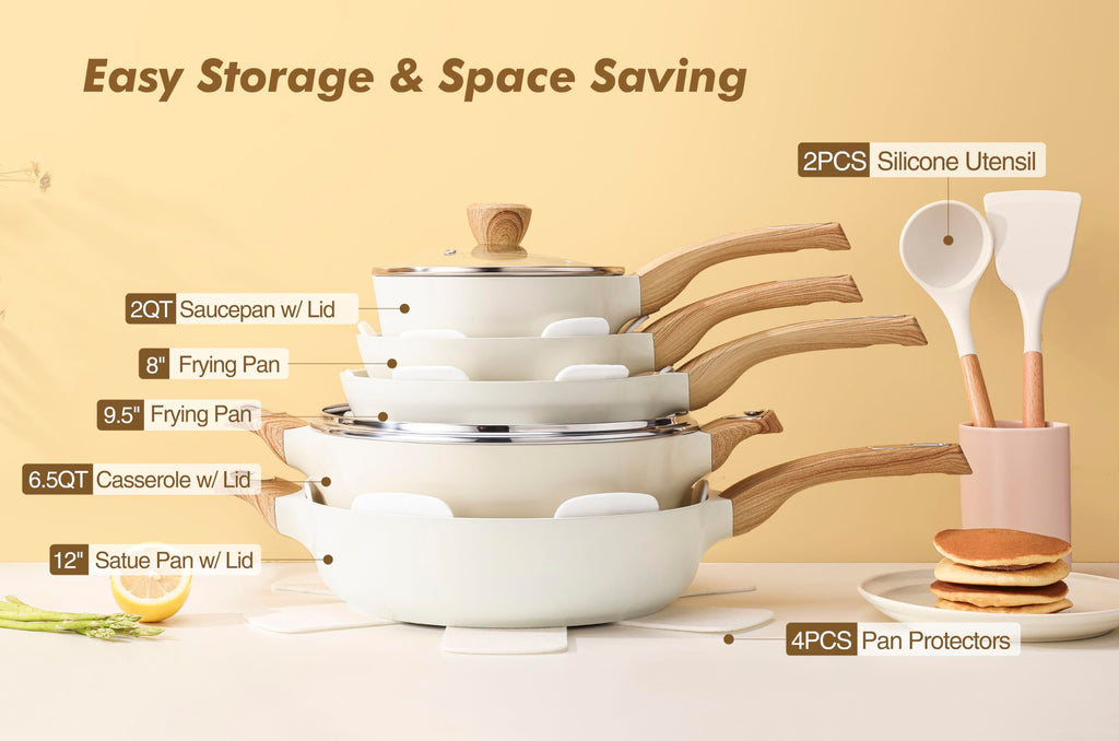 SENSARTE Pots and Pans Set Non stick, Non toxic Healthy Induction Cookware Sets, 14 Pcs Non Stick Kitchen Cooking Set with Frying Pans Set & Saucepan, PFOA PFOS APEO Free, Black