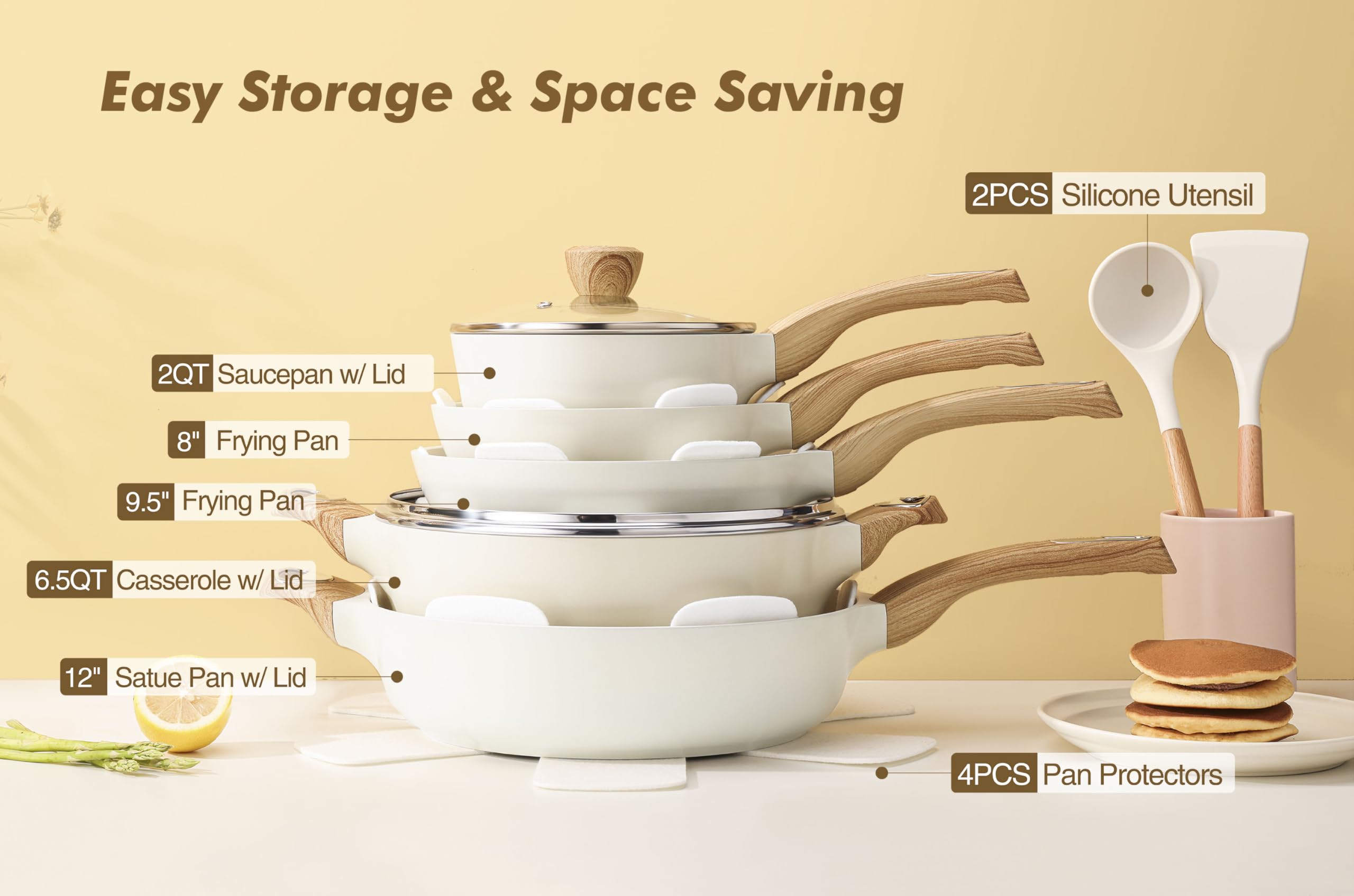 SENSARTE Pots and Pans Set Non stick, Non toxic Healthy Induction Cookware Sets, 14 Pcs Non Stick Kitchen Cooking Set with Frying Pans Set & Saucepan, PFOA PFOS APEO Free, Black