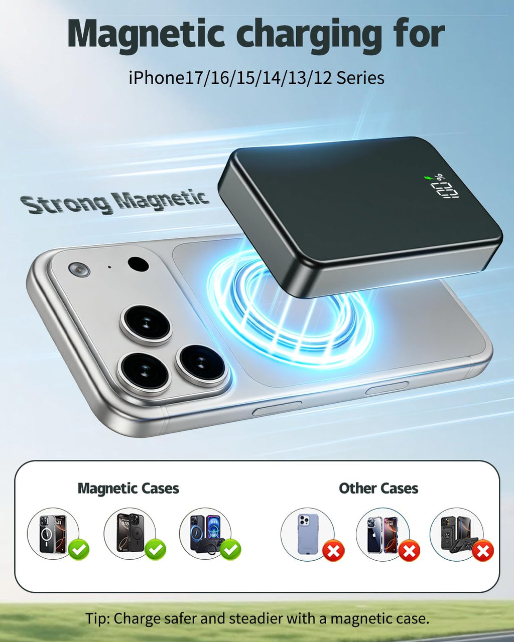 Magnetic Power Bank 26800mAh for Magsafe Portable Charger, Aluminum Alloy Large Capacity 20W USB-C in&Out Wireless Fast Charging for iPhone 17/16 Plus Pro Max/15/14/13/12 Series, Gray