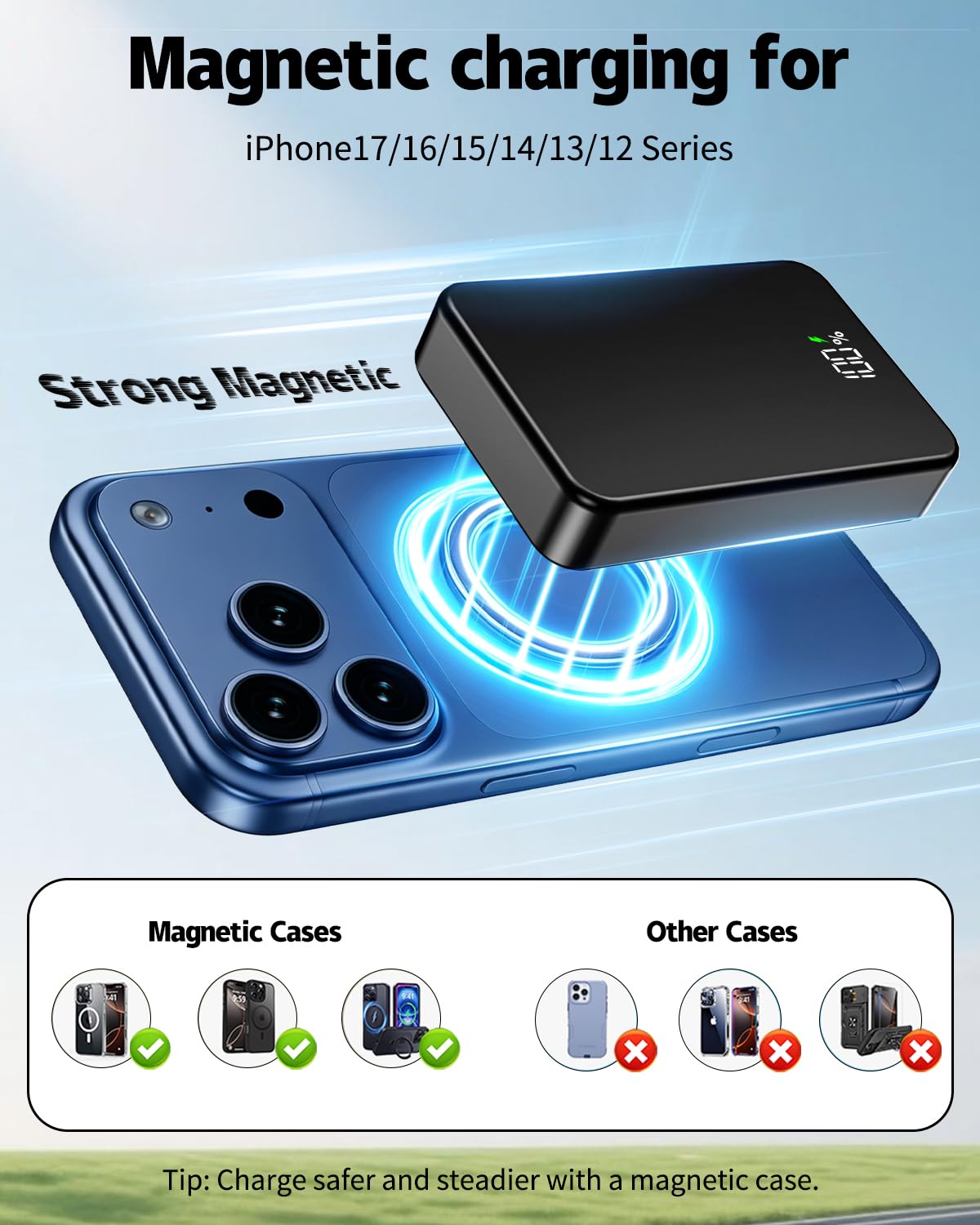 Magnetic Power Bank 26800mAh for Magsafe Portable Charger, Aluminum Alloy Large Capacity 20W USB-C in&Out Wireless Fast Charging for iPhone 17/16 Plus Pro Max/15/14/13/12 Series, Gray