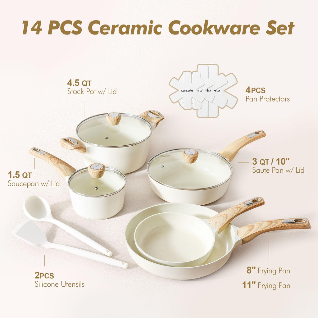 SENSARTE Pots and Pans Set Non stick, Non toxic Healthy Induction Cookware Sets, 14 Pcs Non Stick Kitchen Cooking Set with Frying Pans Set & Saucepan, PFOA PFOS APEO Free, Black