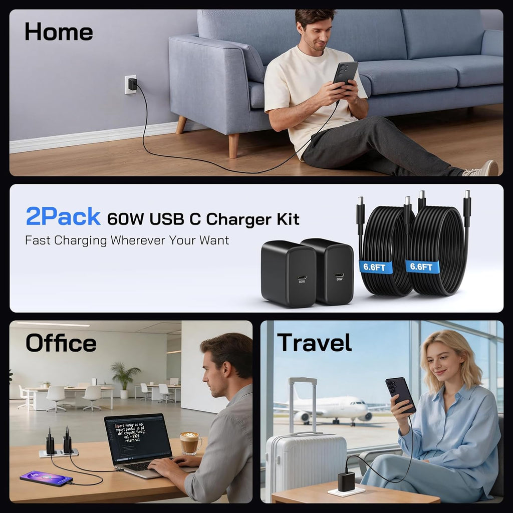 60W USB C Charger, 2Pack 60 Watt Super Fast Charger USB C Android Phone Charger Type C Fast Charging Block with 6.6FT Cable for Samsung Galaxy S26 Ultra/S26+/S25 Ultra/S24,Tab S9+/i Phone 17,Mac Book
