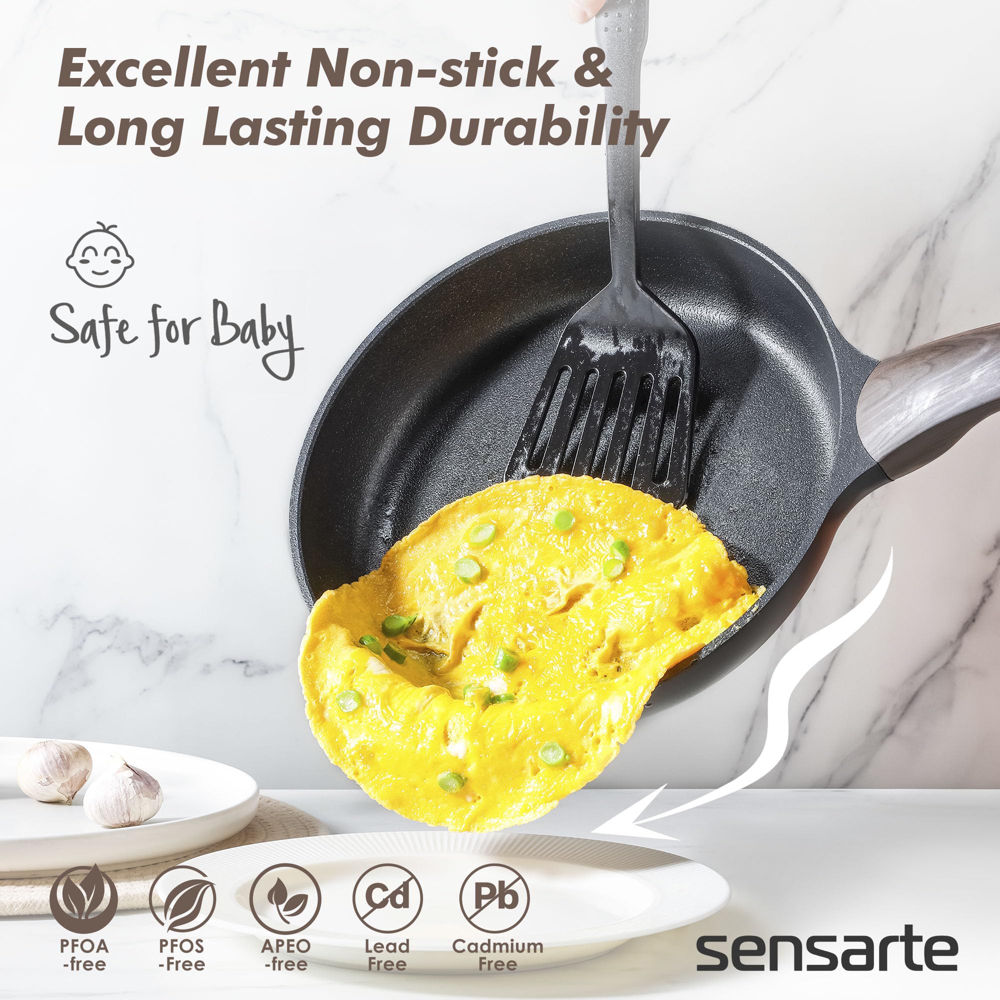 SENSARTE Pots and Pans Set Non stick, Non toxic Healthy Induction Cookware Sets, 14 Pcs Non Stick Kitchen Cooking Set with Frying Pans Set & Saucepan, PFOA PFOS APEO Free, Black
