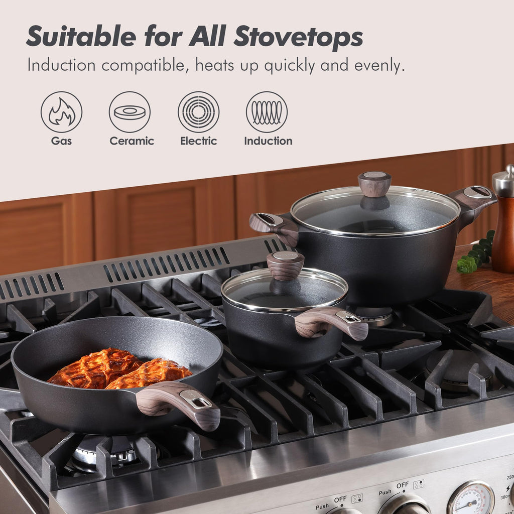 SENSARTE Pots and Pans Set Non stick, Non toxic Healthy Induction Cookware Sets, 14 Pcs Non Stick Kitchen Cooking Set with Frying Pans Set & Saucepan, PFOA PFOS APEO Free, Black
