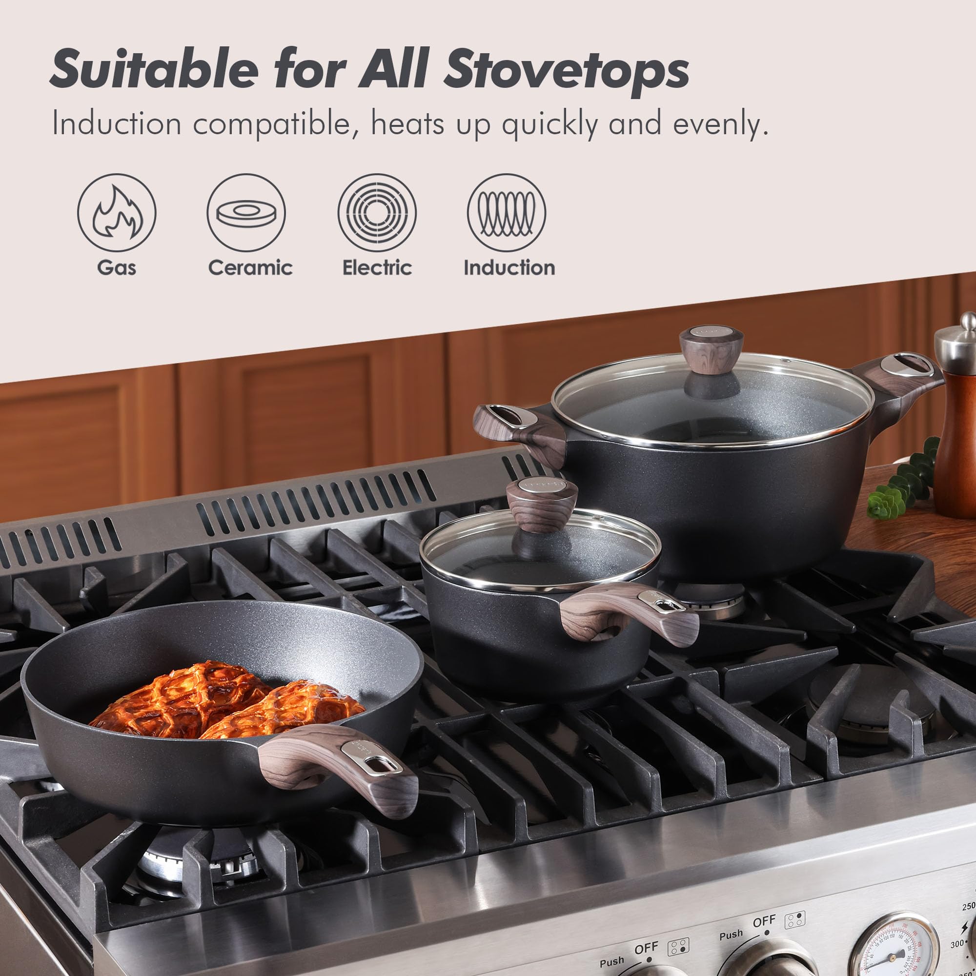 SENSARTE Pots and Pans Set Non stick, Non toxic Healthy Induction Cookware Sets, 14 Pcs Non Stick Kitchen Cooking Set with Frying Pans Set & Saucepan, PFOA PFOS APEO Free, Black