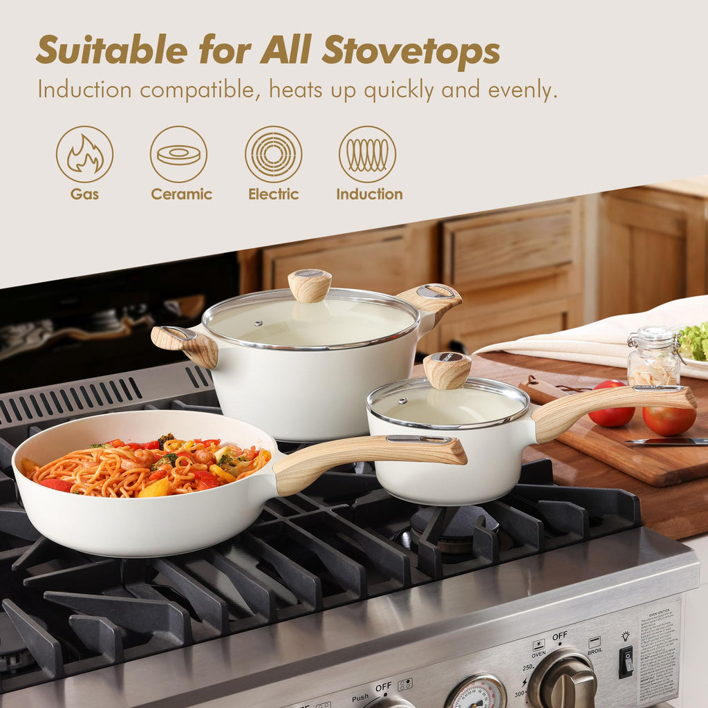 SENSARTE Pots and Pans Set Non stick, Non toxic Healthy Induction Cookware Sets, 14 Pcs Non Stick Kitchen Cooking Set with Frying Pans Set & Saucepan, PFOA PFOS APEO Free, Black