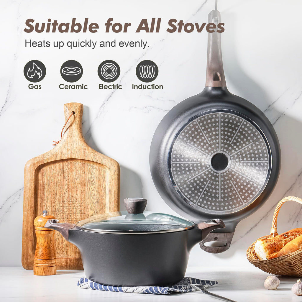 SENSARTE Pots and Pans Set Non stick, Non toxic Healthy Induction Cookware Sets, 14 Pcs Non Stick Kitchen Cooking Set with Frying Pans Set & Saucepan, PFOA PFOS APEO Free, Black