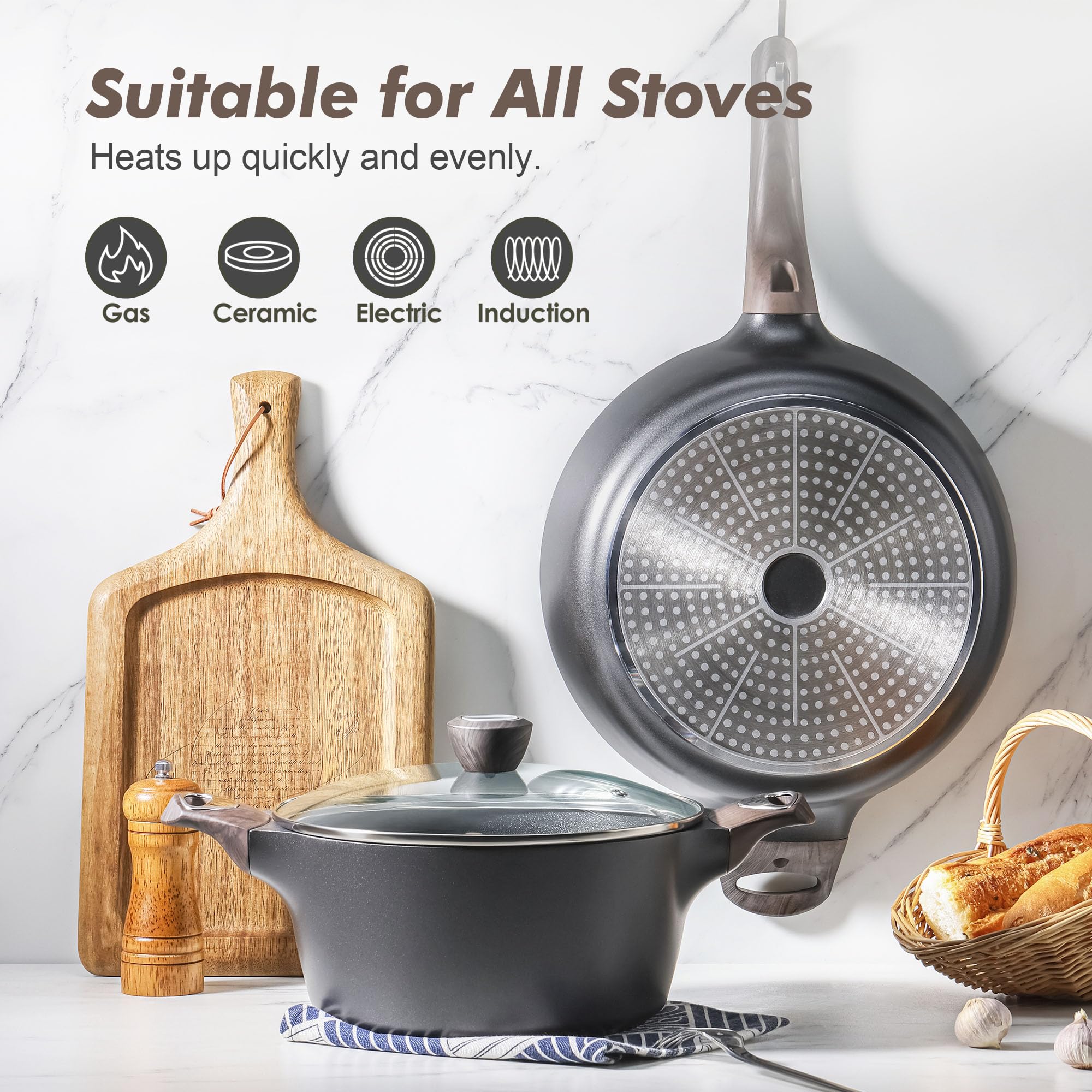 SENSARTE Pots and Pans Set Non stick, Non toxic Healthy Induction Cookware Sets, 14 Pcs Non Stick Kitchen Cooking Set with Frying Pans Set & Saucepan, PFOA PFOS APEO Free, Black