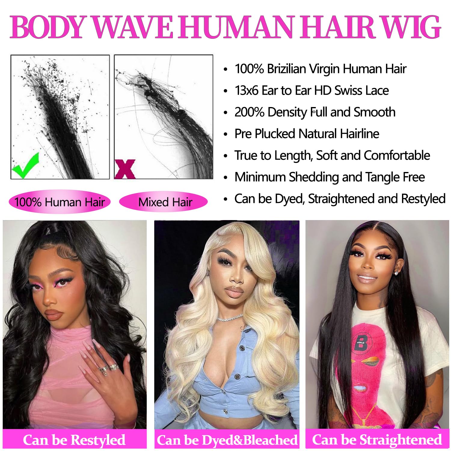 Body Wave Lace Front Wigs Human Hair 200 Density 13x6 HD Lace Frontal Wigs for Women Glueless Wigs Human Hair Body Wave Wig Pre Plucked Natural Black 26 Inch