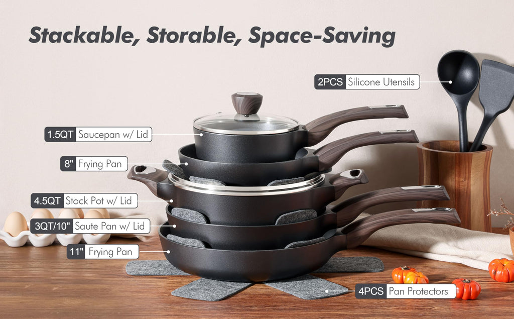 SENSARTE Pots and Pans Set Non stick, Non toxic Healthy Induction Cookware Sets, 14 Pcs Non Stick Kitchen Cooking Set with Frying Pans Set & Saucepan, PFOA PFOS APEO Free, Black