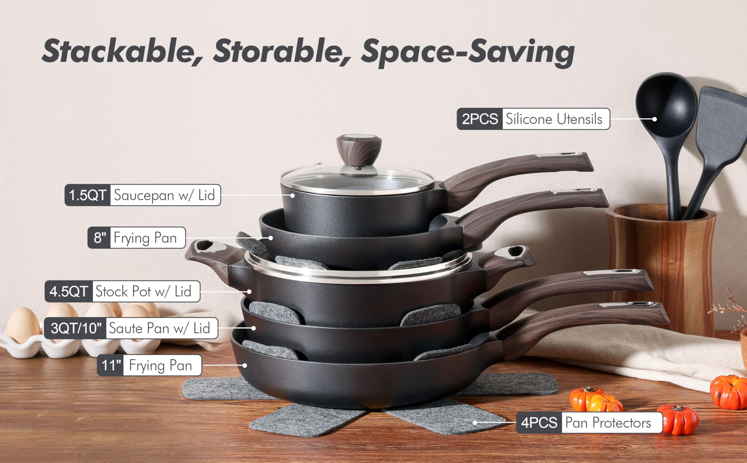 SENSARTE Pots and Pans Set Non stick, Non toxic Healthy Induction Cookware Sets, 14 Pcs Non Stick Kitchen Cooking Set with Frying Pans Set & Saucepan, PFOA PFOS APEO Free, Black