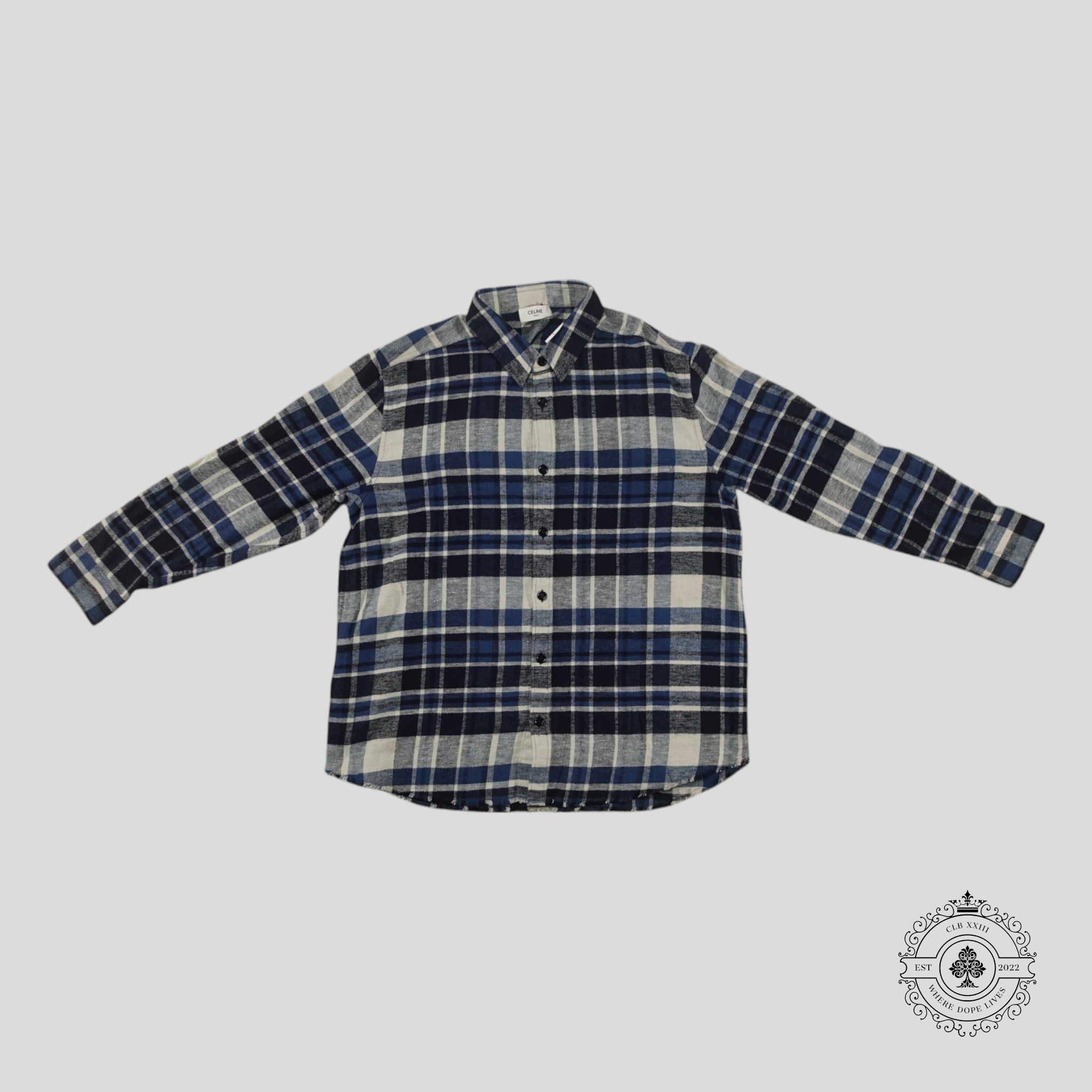 Celine Distressed Flannel Shirt in Blue