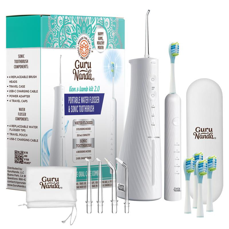 Gurunanda Lion & Lamb Kit 2.0, Electric Toothbrush with Water Flosser Combo, 4 Jet Tips, 4 Brush Heads & IPX7 Waterproof Design for Complete Oral Care