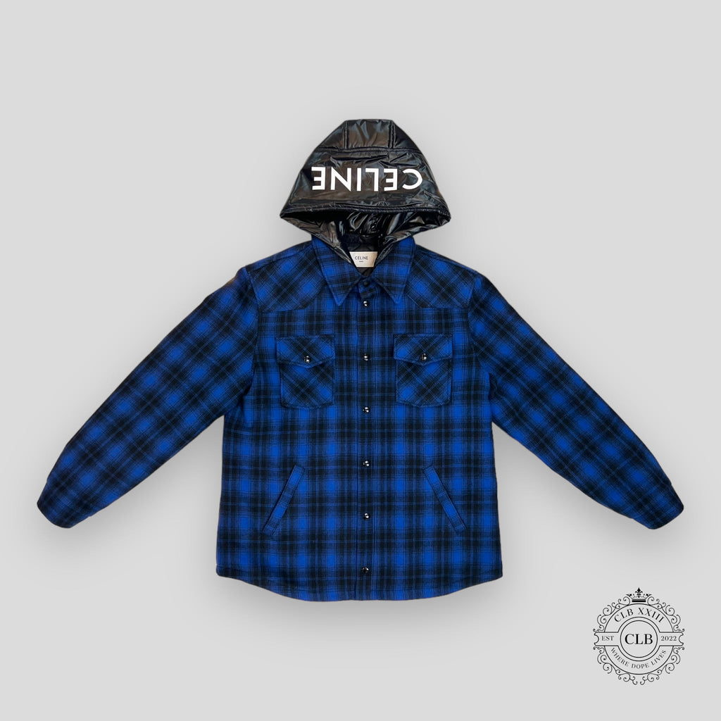 Celine Homme Logo Nylon Trim Flannel Hooded Overshirt in Blue